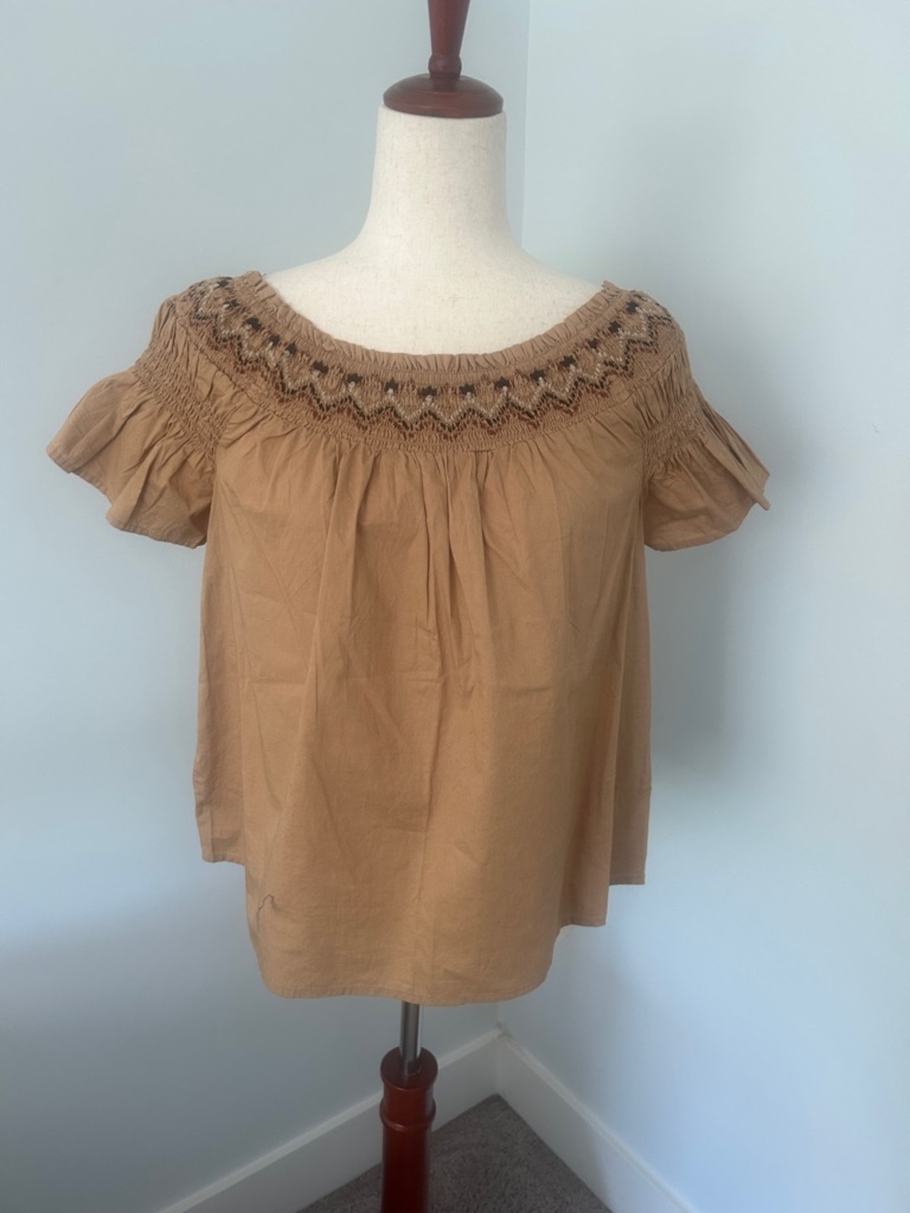 NWT Old Navy Tan Off-Shoulder Smocked Embroidered Blouse